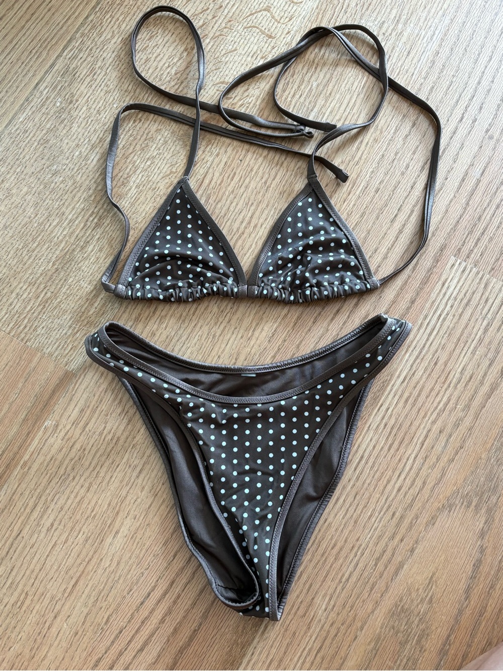 Frankie's Bikinis Brown Triangle Bikini with Polka Dots